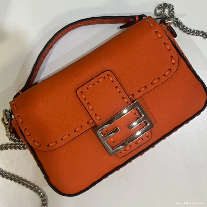 Affordable HOT Bag Baguette Mini Orange Cuoio Romano In Fendi Leather Selleria 0702